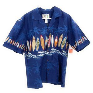 Ky's Blue Classic Surfboard Hawaiian Shirt 100% Cotton Made in Hawaii Sz L